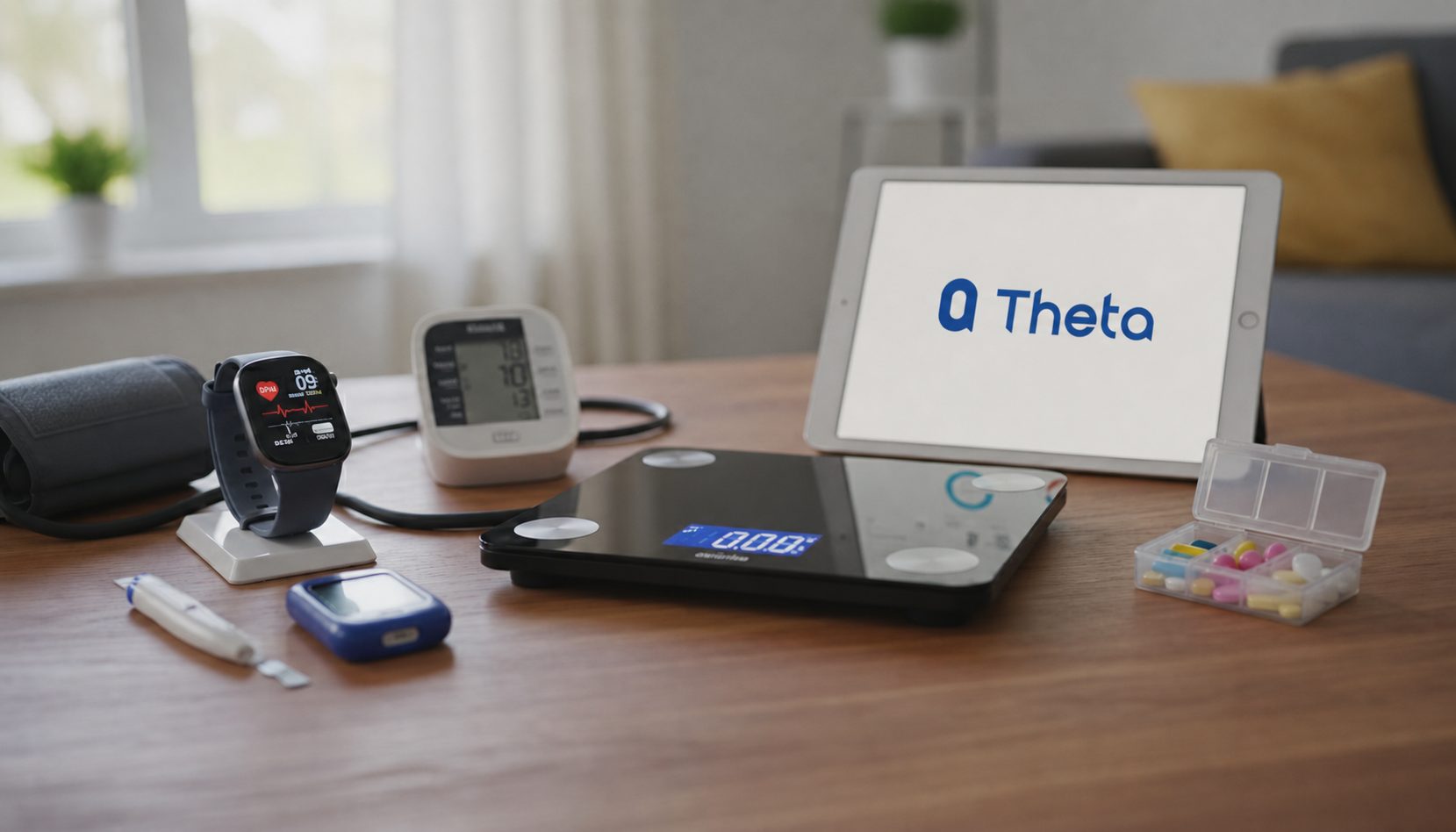 Health devices scattered on a desk: watch, blood pressure monitor, scale, glucose meter, and a tablet showing Theta